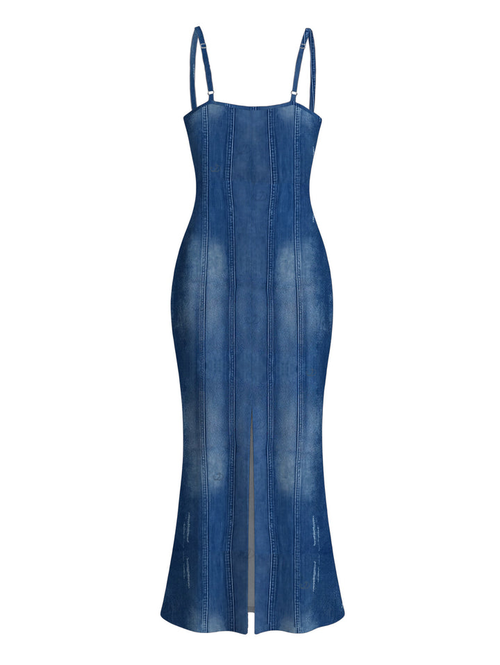 Faux Denim Print Spaghetti Strap Maxi Bodycon Dress