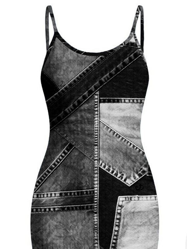Faux Denim Patchwork Print Spaghetti Strap Maxi Bodycon Dress