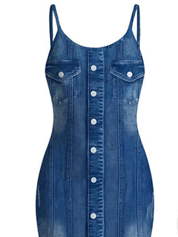 Faux Denim Print Spaghetti Strap Maxi Bodycon Dress