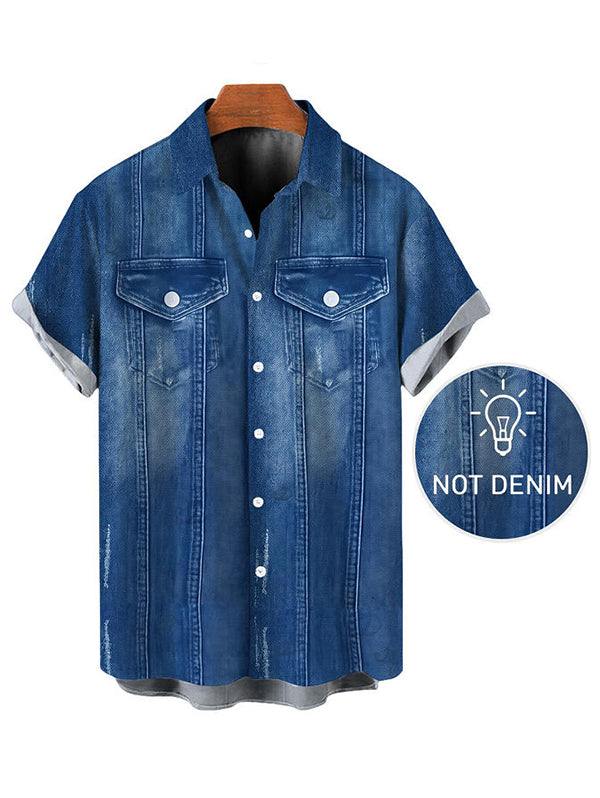 Men's Faux Denim Print Button Up Shirt