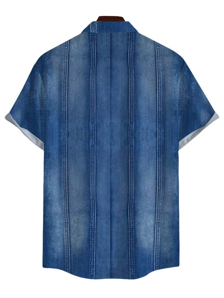 Men's Faux Denim Print Button Up Shirt
