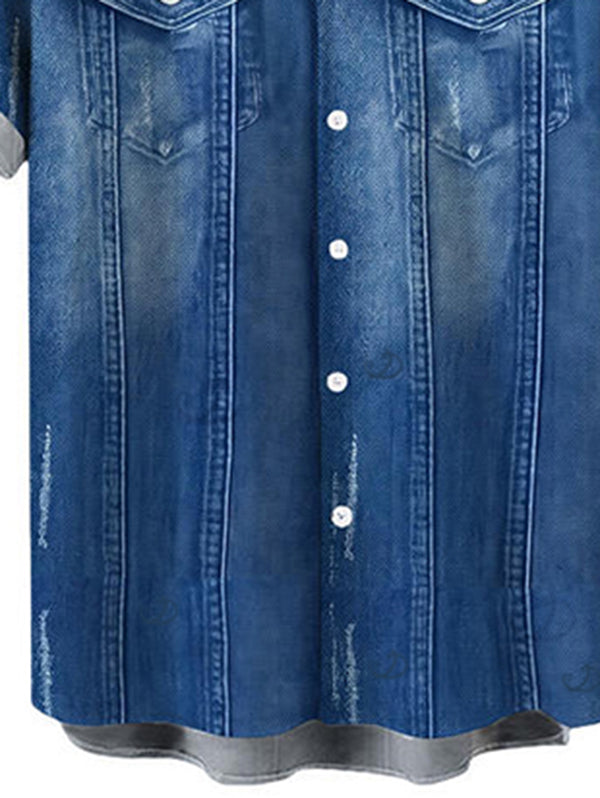 Men's Faux Denim Print Button Up Shirt