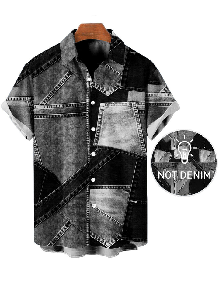 Men's Faux Denim Patchwork Print Button Up Casual Shirt