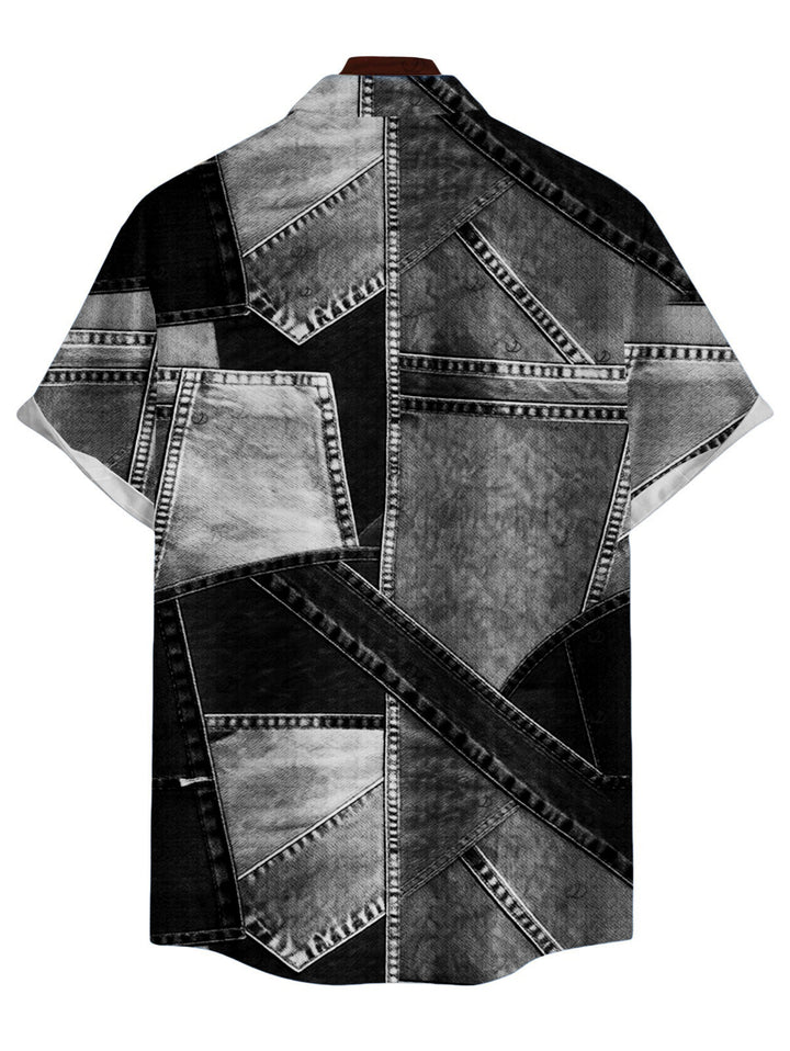 Men's Faux Denim Patchwork Print Button Up Casual Shirt