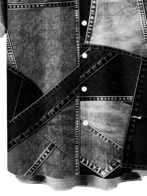 Men's Faux Denim Patchwork Print Button Up Casual Shirt