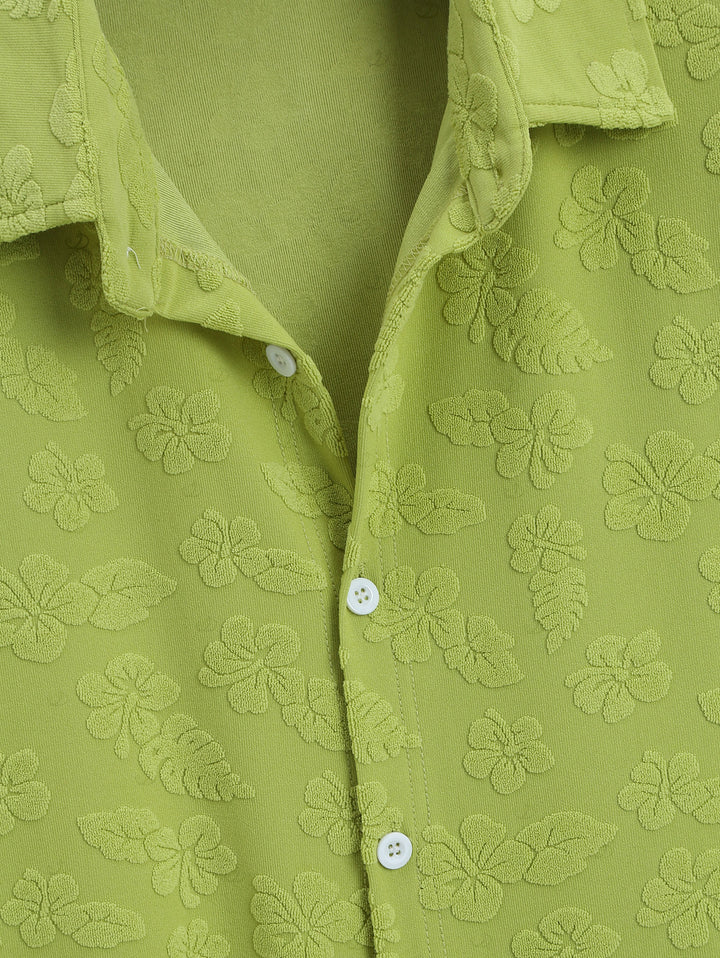 Men's Floral Leaf Textured Jacquard Print Button Up Vacation Shirt