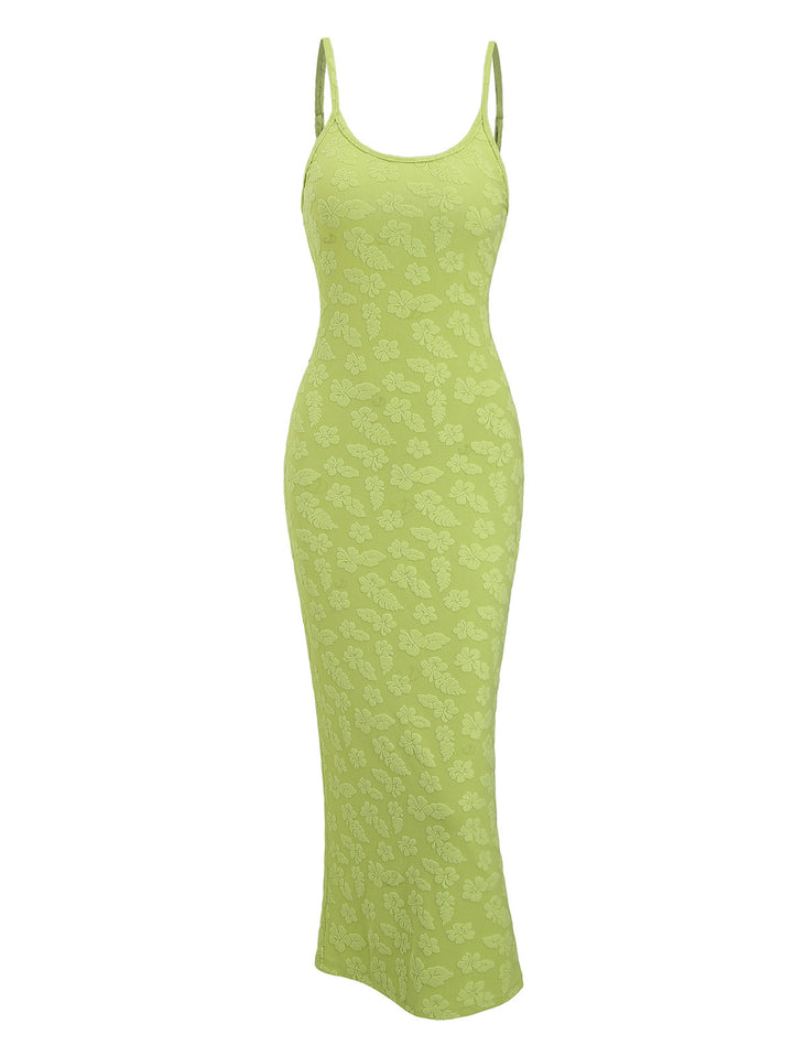 Floral Leaf Textured Jacquard Print Spaghetti Strap Maxi Bodycon Vacation Dress