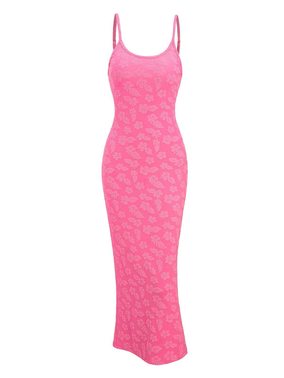 Floral Leaf Textured Jacquard Print Spaghetti Strap Maxi Bodycon Vacation Dress