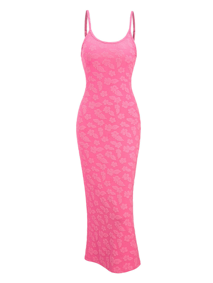 Floral Leaf Textured Jacquard Print Spaghetti Strap Maxi Bodycon Vacation Dress