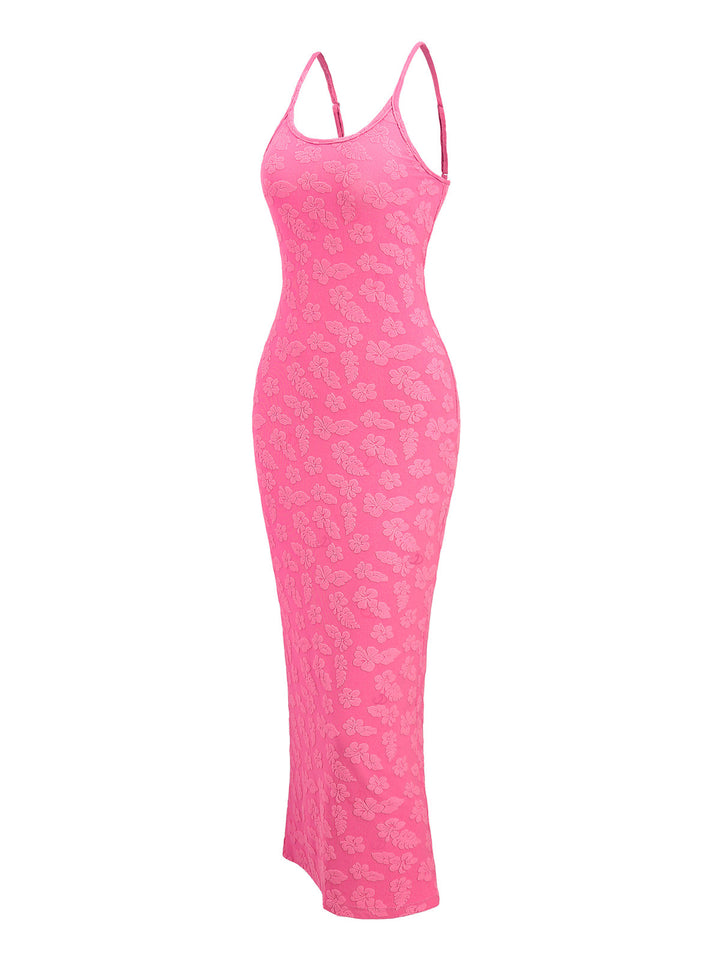Floral Leaf Textured Jacquard Print Spaghetti Strap Maxi Bodycon Vacation Dress