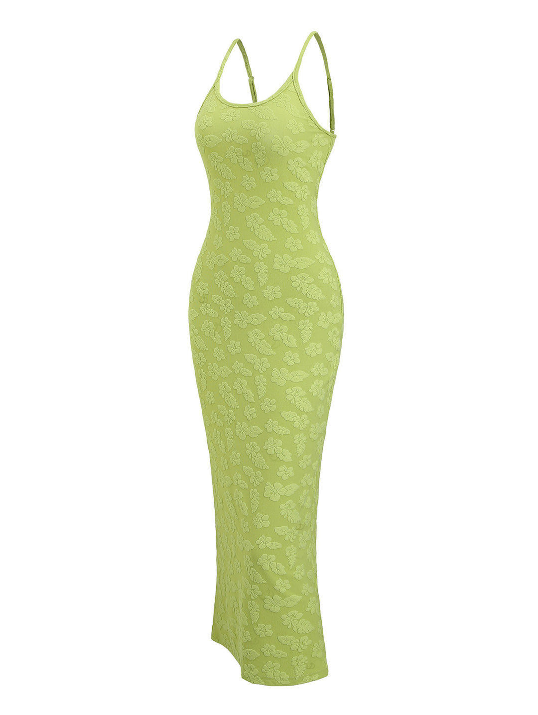 Floral Leaf Textured Jacquard Print Spaghetti Strap Maxi Bodycon Vacation Dress