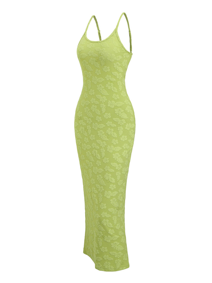 Floral Leaf Textured Jacquard Print Spaghetti Strap Maxi Bodycon Vacation Dress