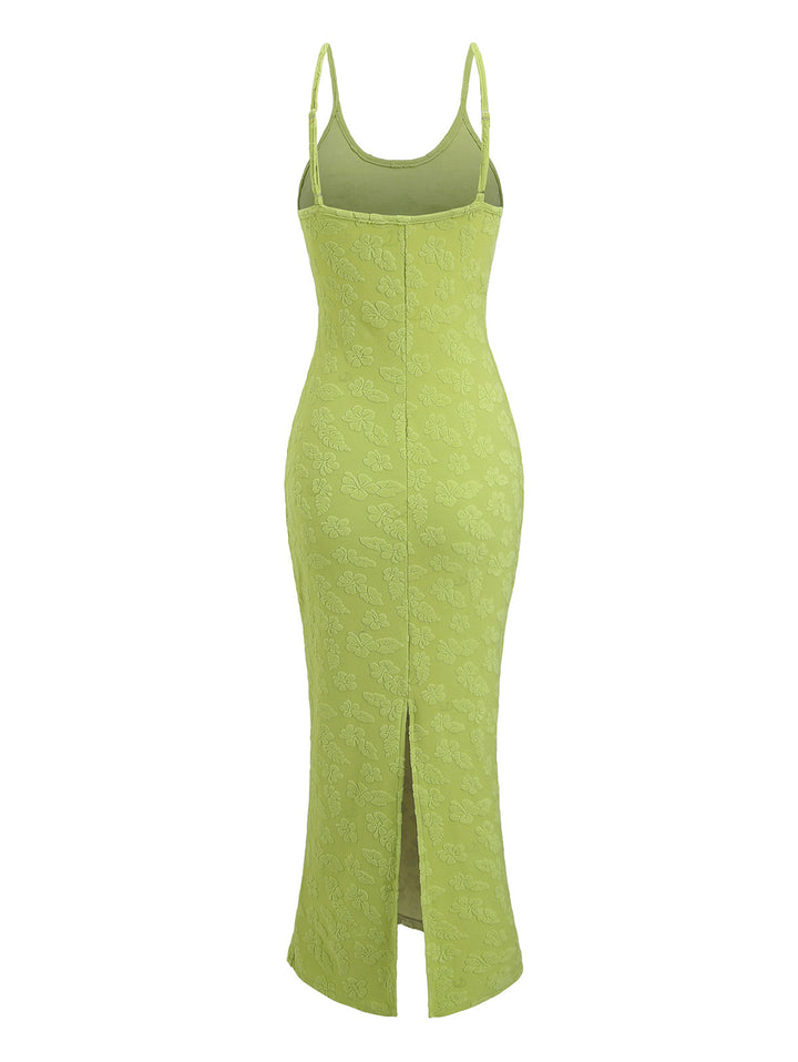 Floral Leaf Textured Jacquard Print Spaghetti Strap Maxi Bodycon Vacation Dress