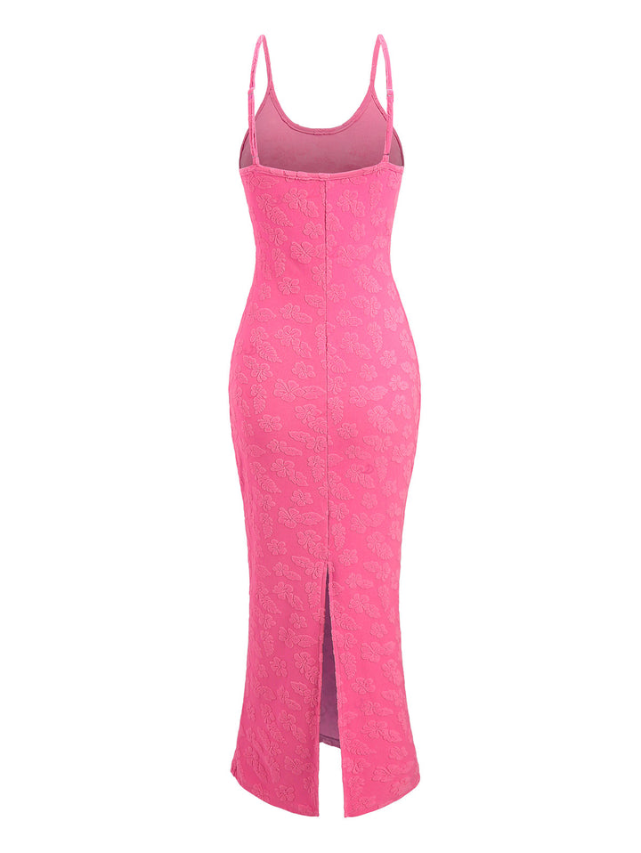 Floral Leaf Textured Jacquard Print Spaghetti Strap Maxi Bodycon Vacation Dress
