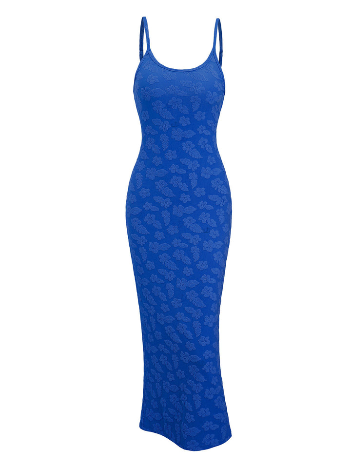 Floral Leaf Textured Jacquard Print Spaghetti Strap Maxi Bodycon Vacation Dress