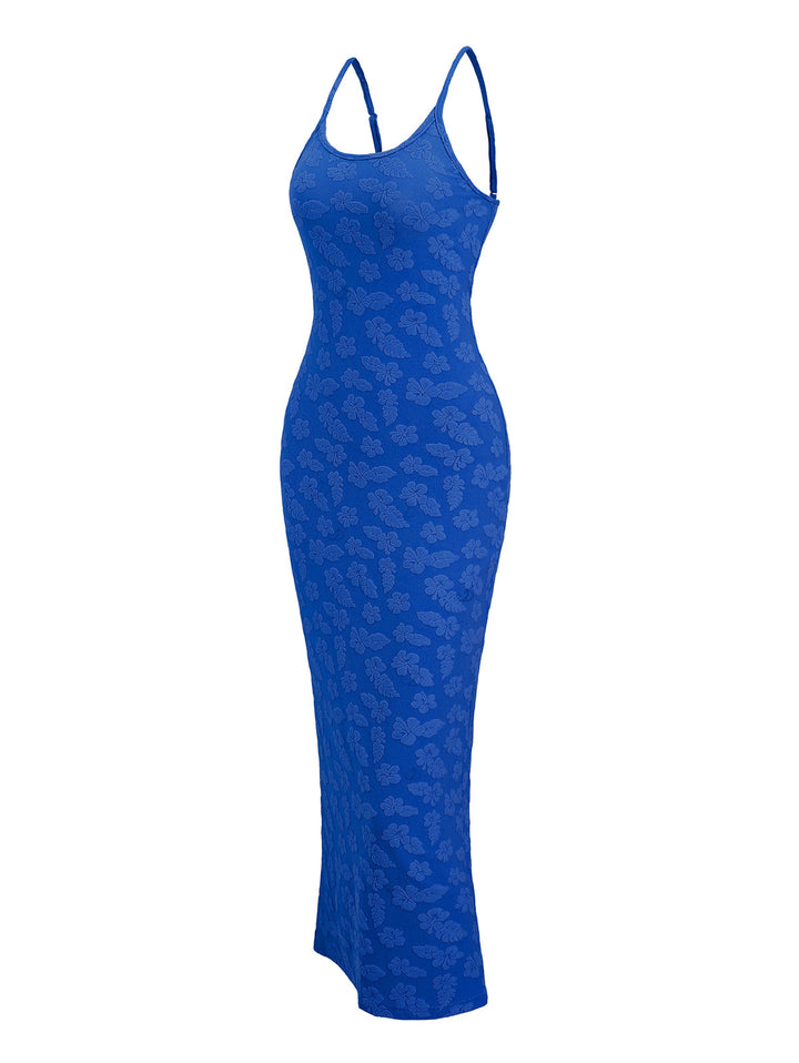 Floral Leaf Textured Jacquard Print Spaghetti Strap Maxi Bodycon Vacation Dress