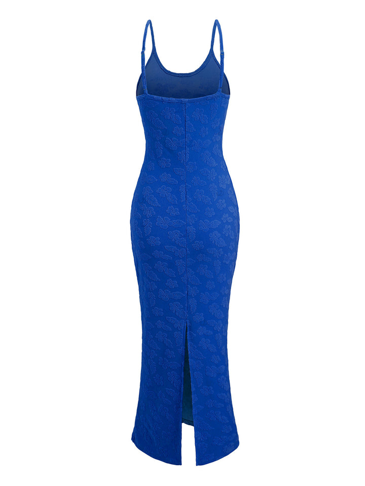 Floral Leaf Textured Jacquard Print Spaghetti Strap Maxi Bodycon Vacation Dress