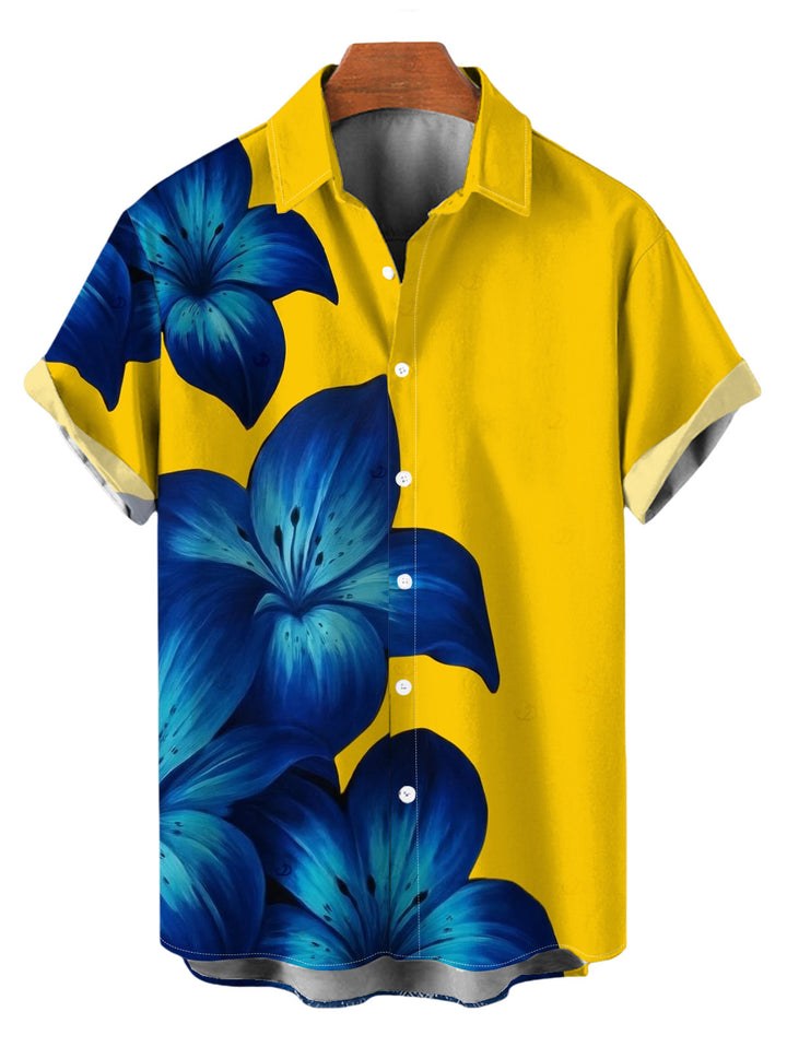 Men's Yellow Base Lily Floral Print Button Up Vacation Shirt