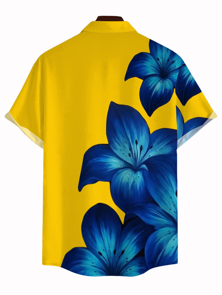Men's Yellow Base Lily Floral Print Button Up Vacation Shirt