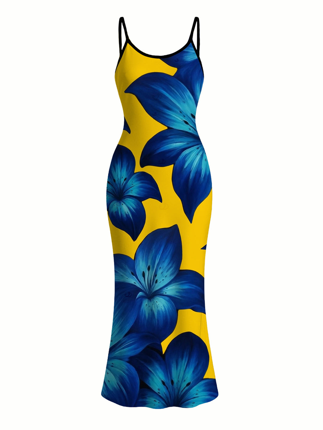 Yellow Base Lily Floral Print Spaghetti Strap Maxi Bodycon Vacation Dress