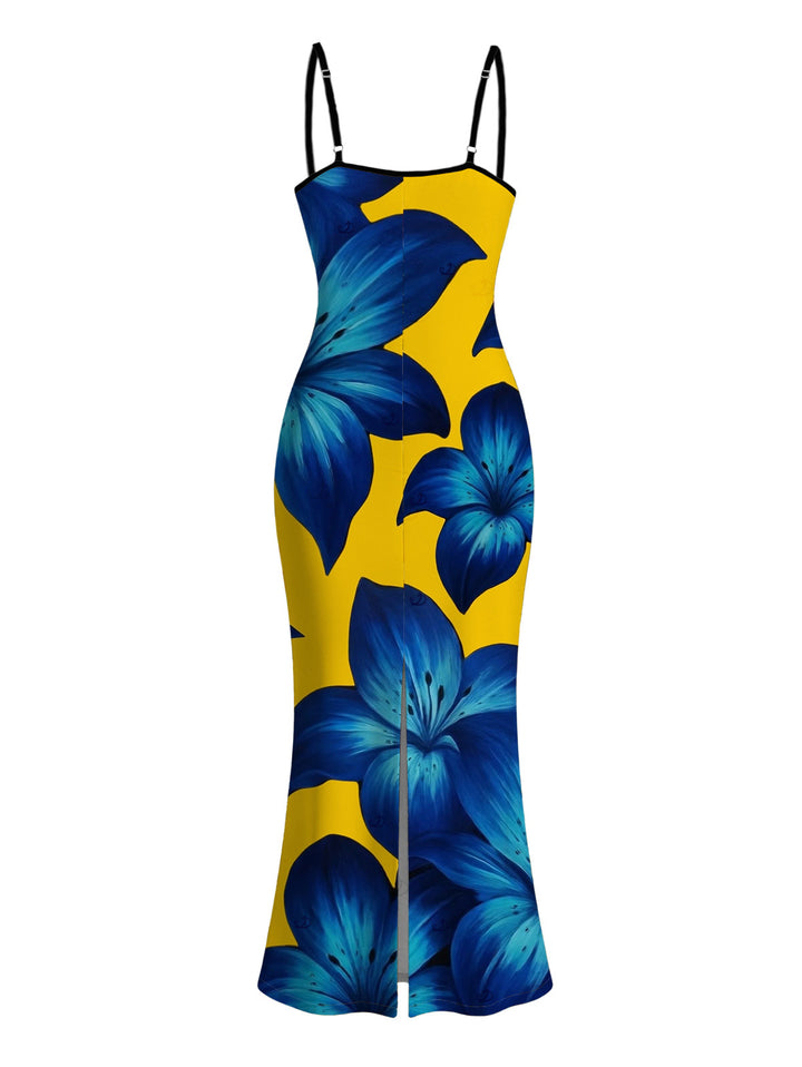 Yellow Base Lily Floral Print Spaghetti Strap Maxi Bodycon Vacation Dress