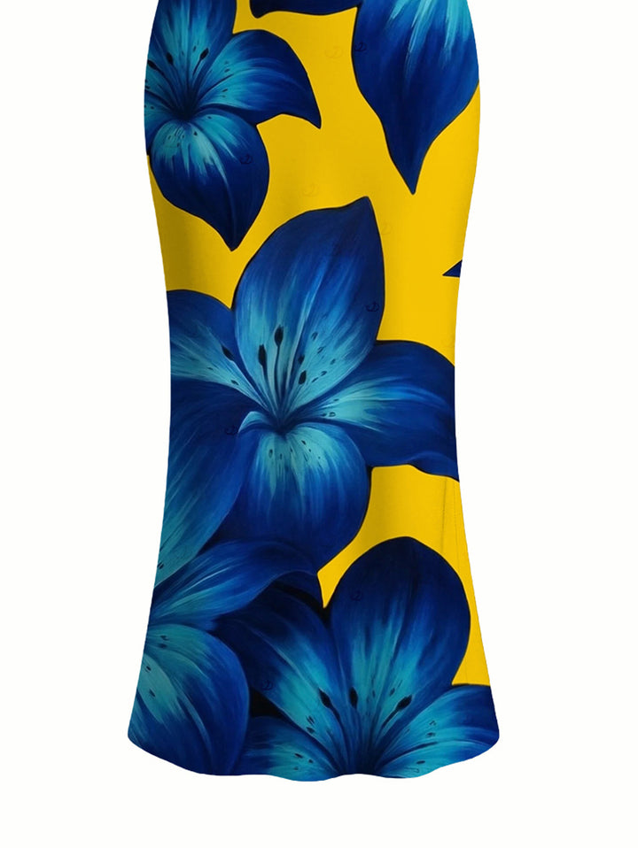 Yellow Base Lily Floral Print Spaghetti Strap Maxi Bodycon Vacation Dress