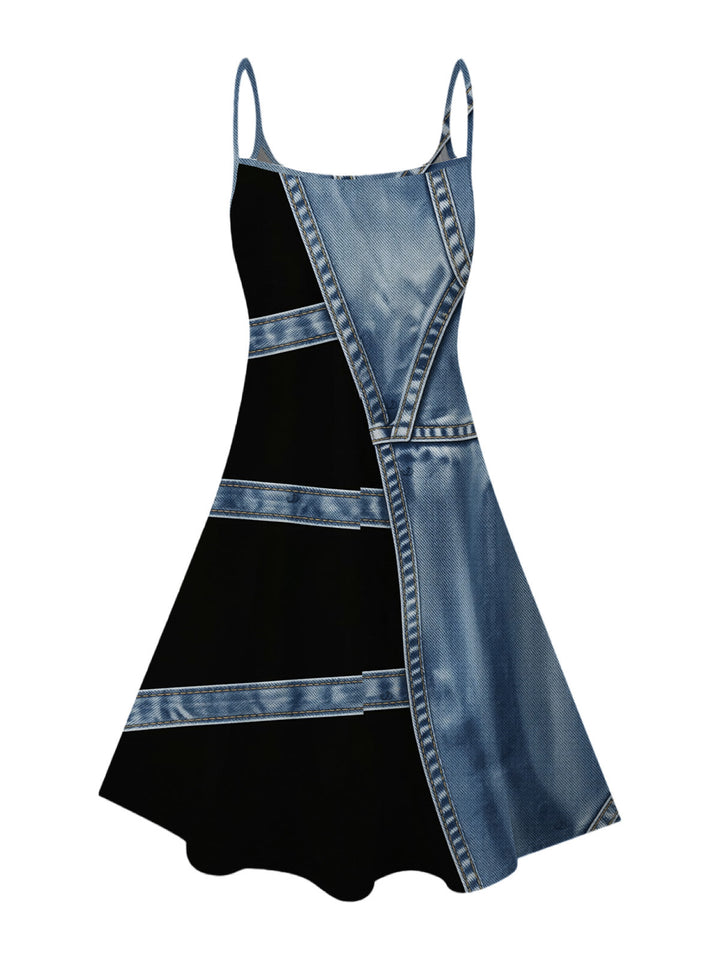 Faux Denim Colorblock Print Spaghetti Strap Mini Dress