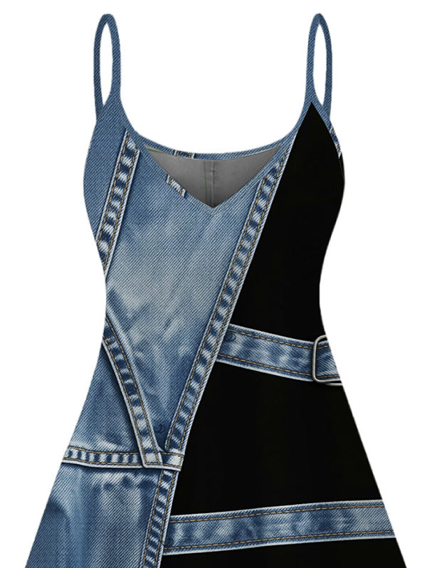 Faux Denim Colorblock Print Spaghetti Strap Mini Dress