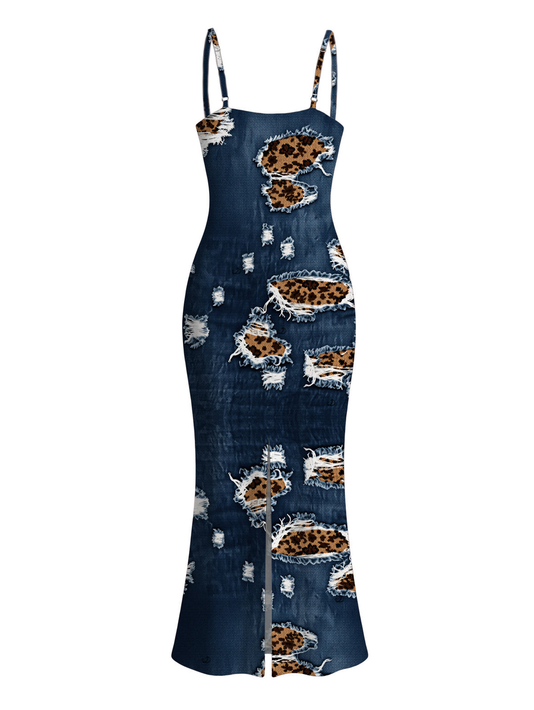 Faux Demin Distressed Leopard Print Spaghetti Strap Maxi Bodycon Dress
