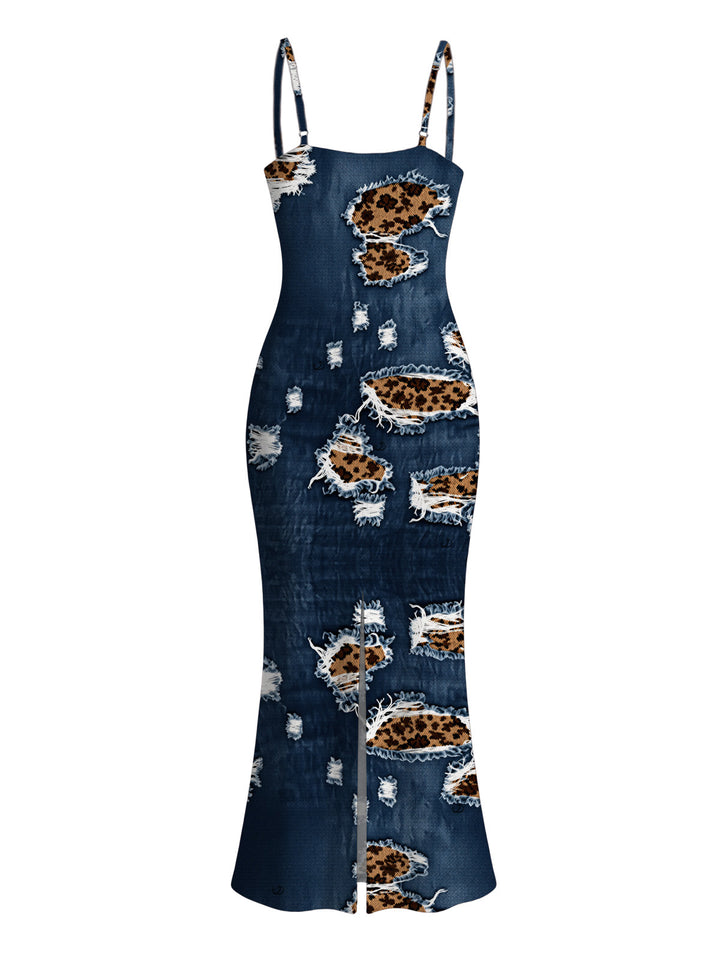 Faux Demin Distressed Leopard Print Spaghetti Strap Maxi Bodycon Dress