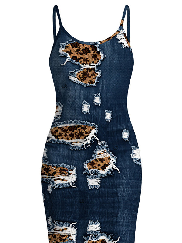Faux Demin Distressed Leopard Print Spaghetti Strap Maxi Bodycon Dress