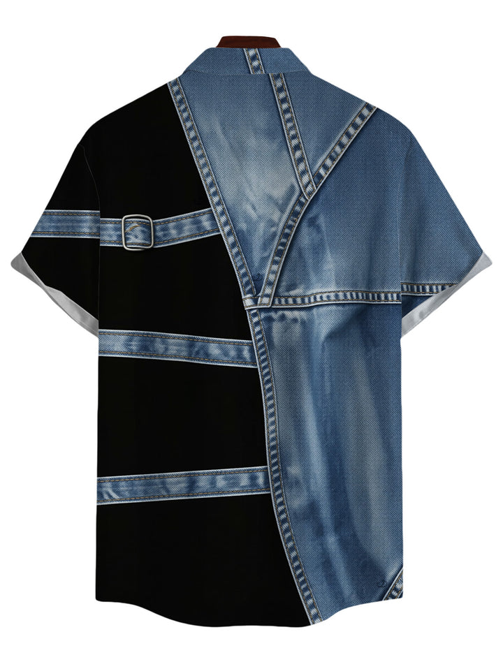 Men's Faux Denim Colorblock Print Button Up Shirt