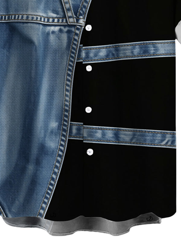 Men's Faux Denim Colorblock Print Button Up Shirt