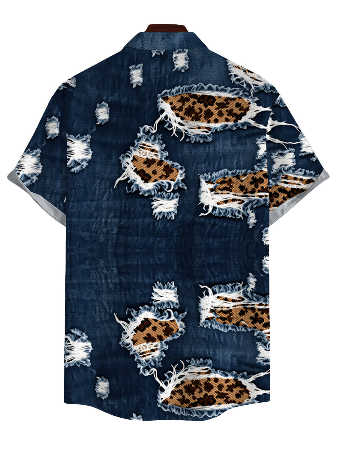 Men's Faux Demin Distressed Leopard Print Button Up Shirt