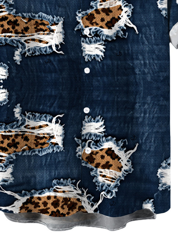 Men's Faux Demin Distressed Leopard Print Button Up Shirt