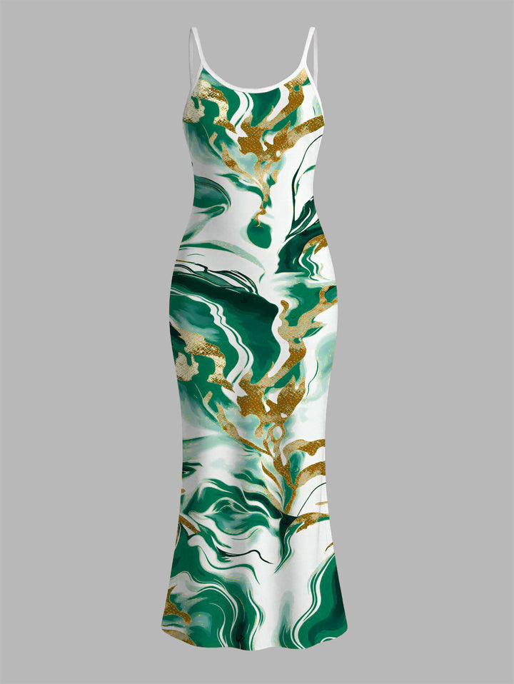 Marble Fluid Swirl Tie Dye Print Bodycon Mermaid Maxi Vacation Dress