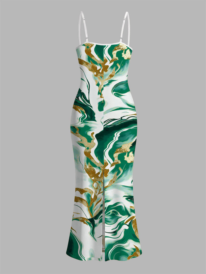 Marble Fluid Swirl Tie Dye Print Bodycon Mermaid Maxi Vacation Dress
