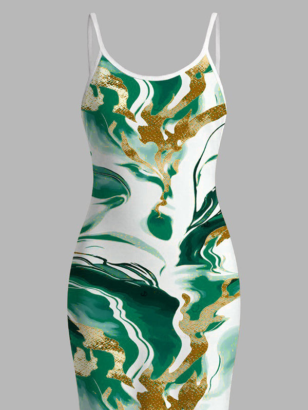 Marble Fluid Swirl Tie Dye Print Bodycon Mermaid Maxi Vacation Dress