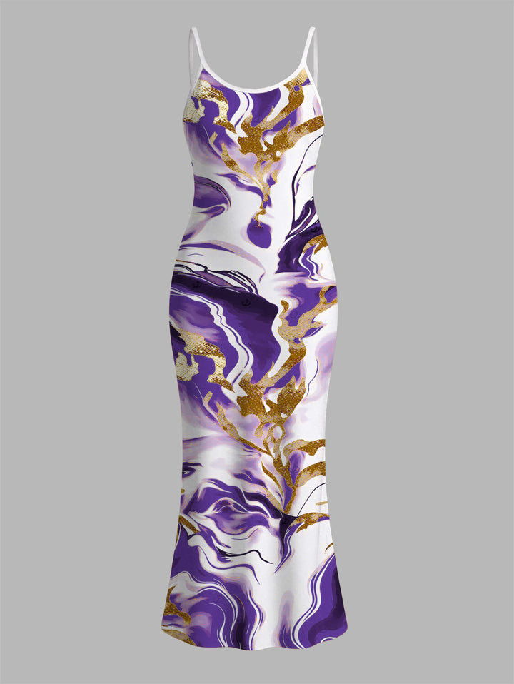 Marble Fluid Swirl Tie Dye Print Bodycon Mermaid Maxi Vacation Dress