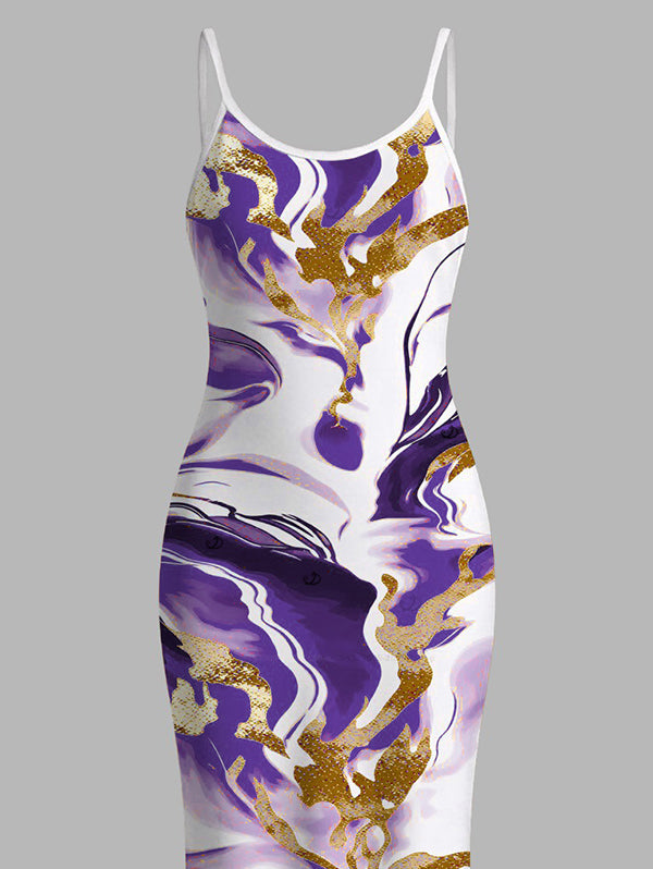 Marble Fluid Swirl Tie Dye Print Bodycon Mermaid Maxi Vacation Dress