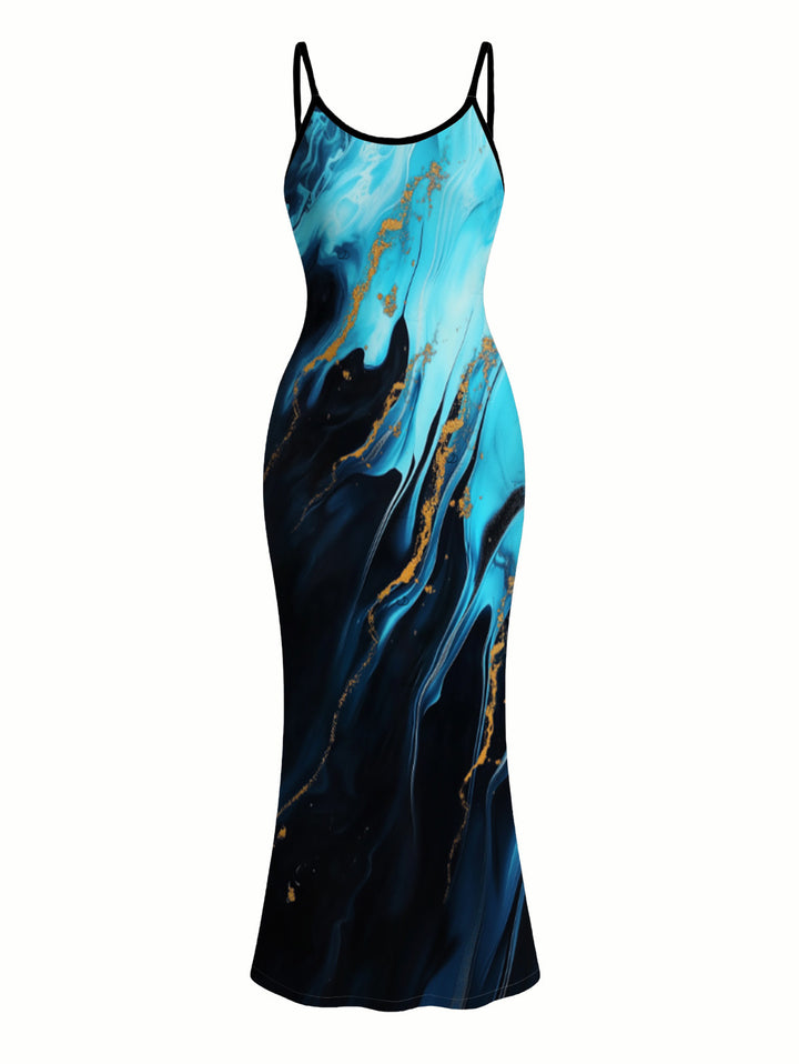 Colorblock Metallic Gold Fluid Marble Print Spaghetti Strap Maxi Bodycon Vacation Dress