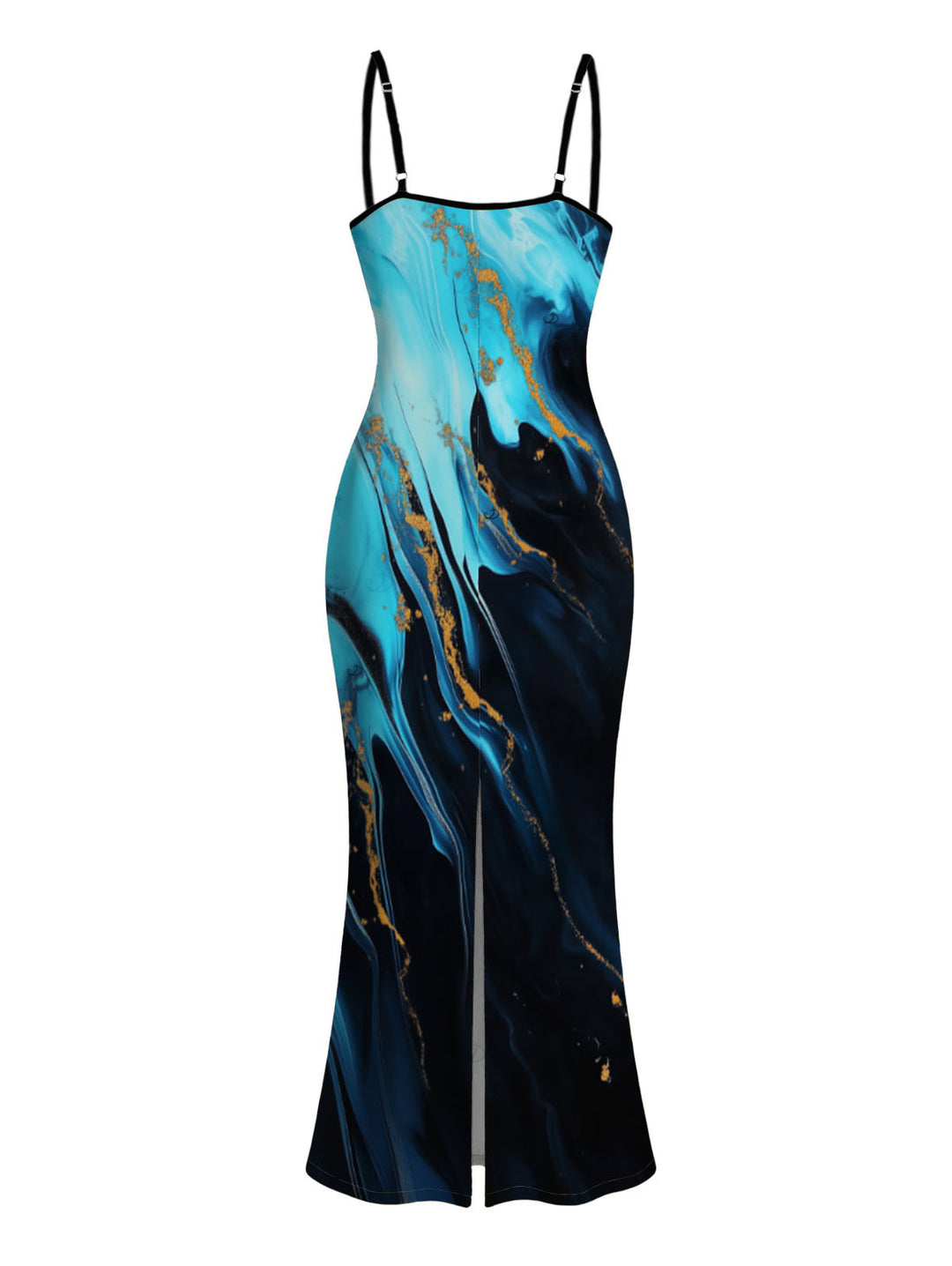Colorblock Metallic Gold Fluid Marble Print Spaghetti Strap Maxi Bodycon Vacation Dress