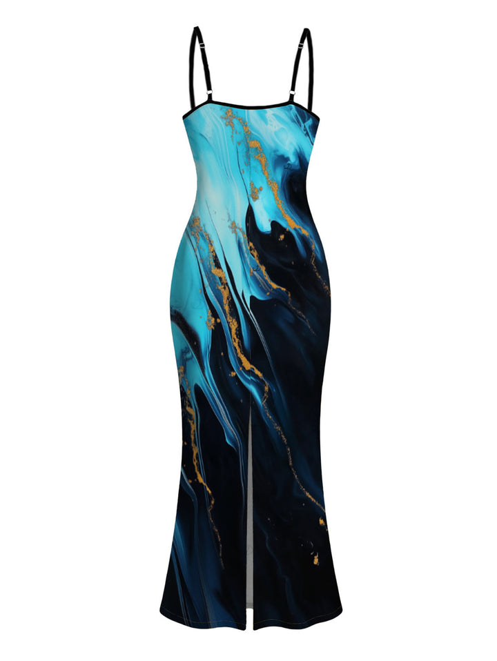 Colorblock Metallic Gold Fluid Marble Print Spaghetti Strap Maxi Bodycon Vacation Dress