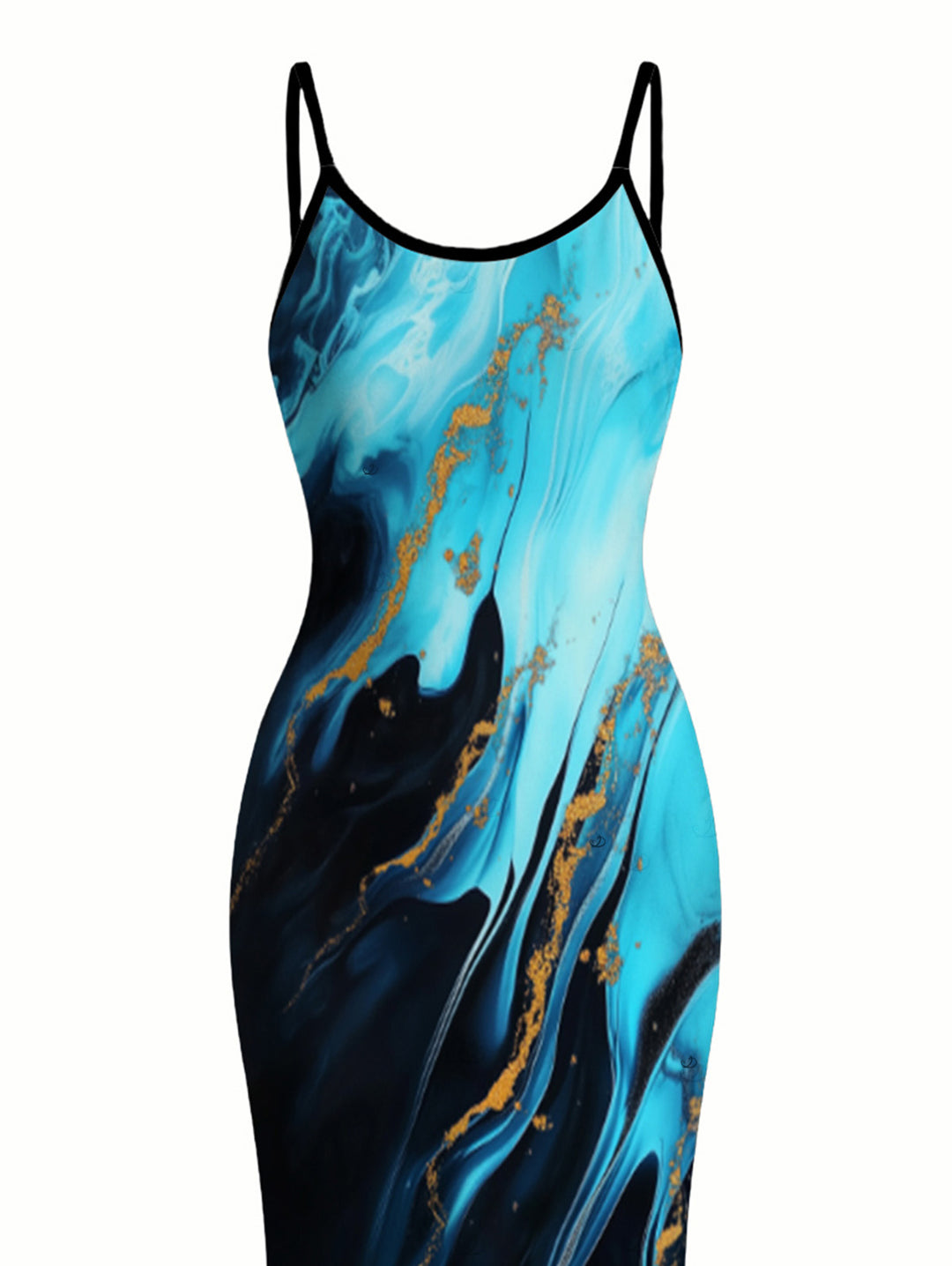 Colorblock Metallic Gold Fluid Marble Print Spaghetti Strap Maxi Bodycon Vacation Dress