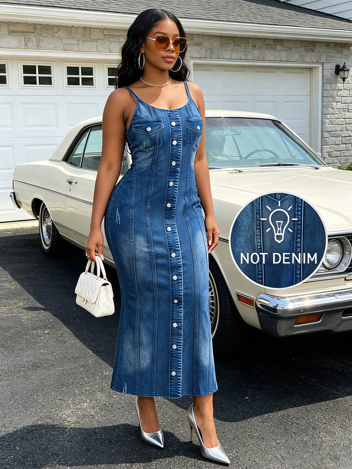 Faux Denim Print Spaghetti Strap Maxi Bodycon Dress