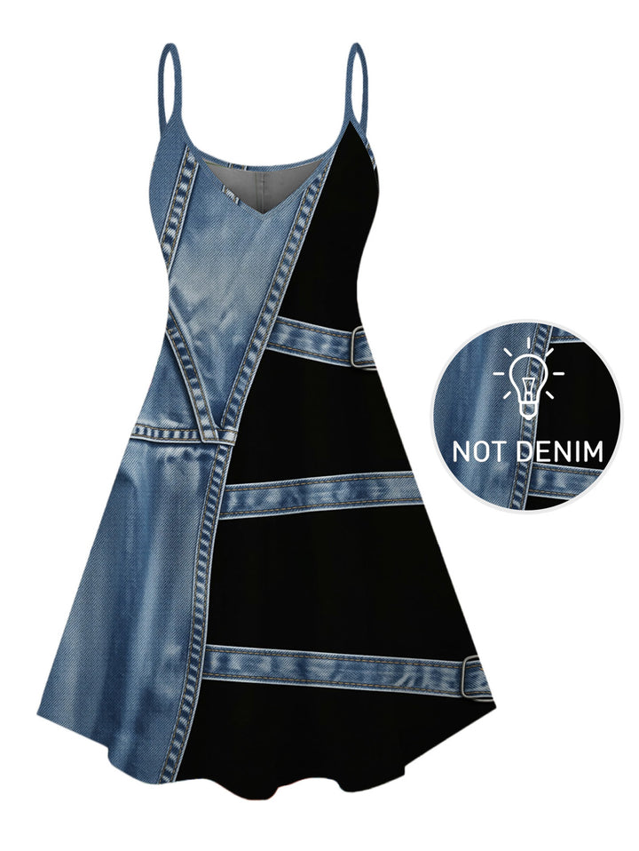 Faux Denim Colorblock Print Spaghetti Strap Mini Dress