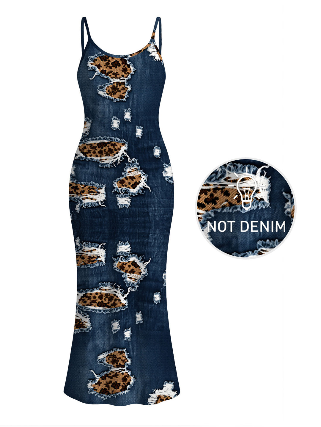 Faux Demin Distressed Leopard Print Spaghetti Strap Maxi Bodycon Dress