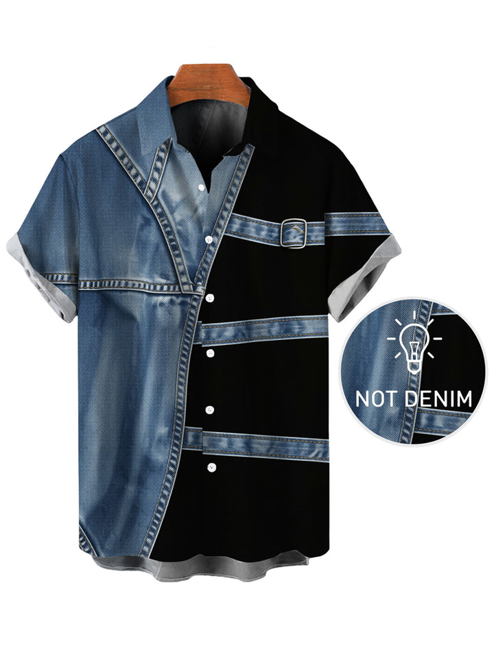 Men's Faux Denim Colorblock Print Button Up Shirt