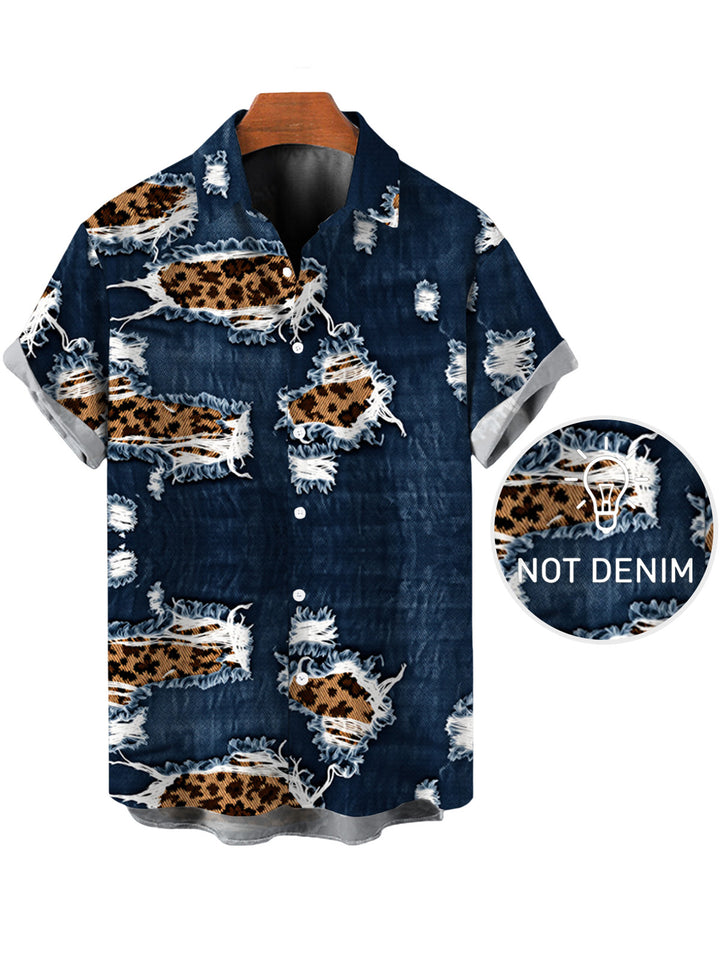 Men's Faux Demin Distressed Leopard Print Button Up Shirt