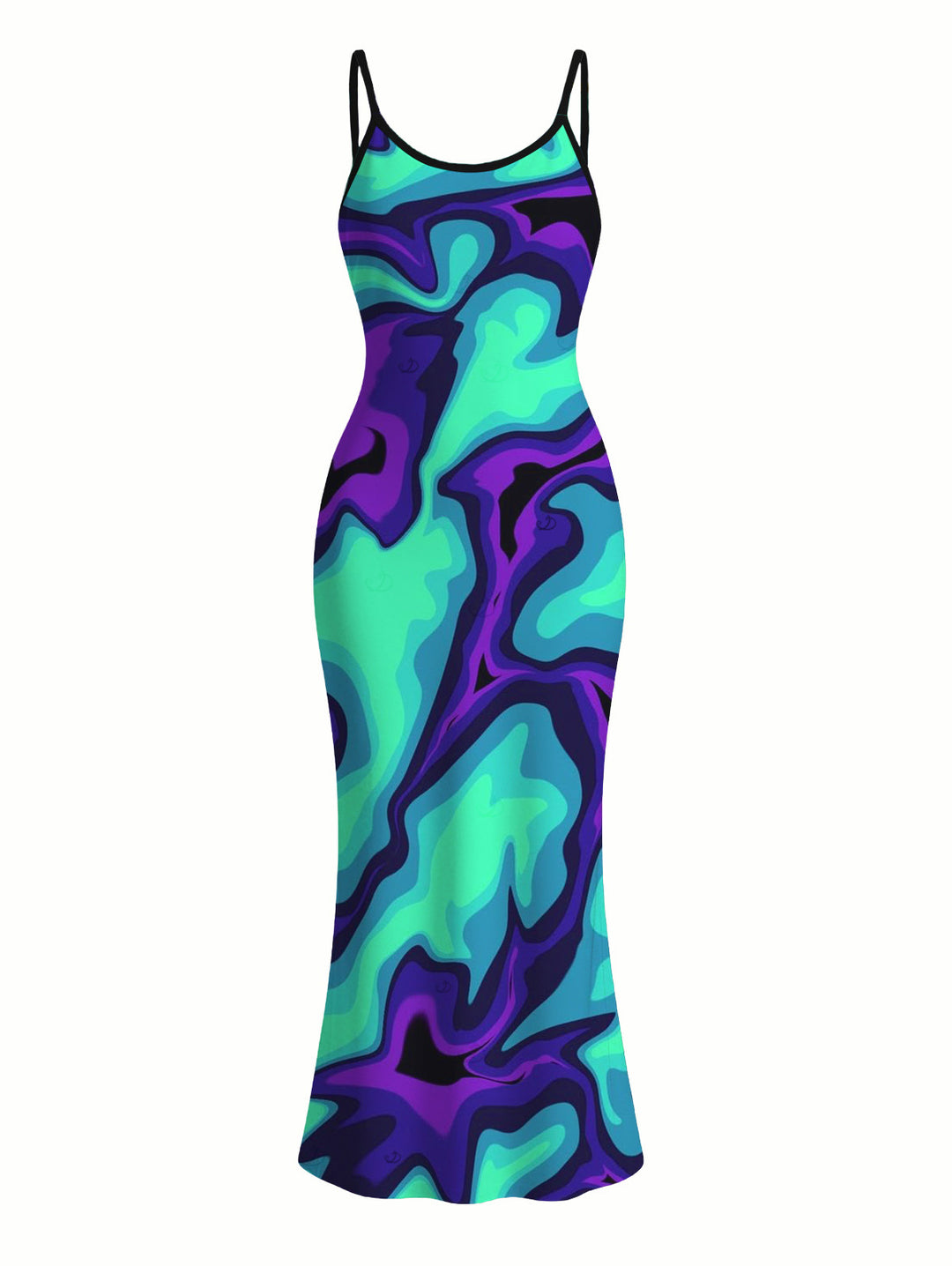 Colorblock Fluid Swirl Ombre Print Spaghetti Strap Maxi Bodycon Cyberpunk Dress